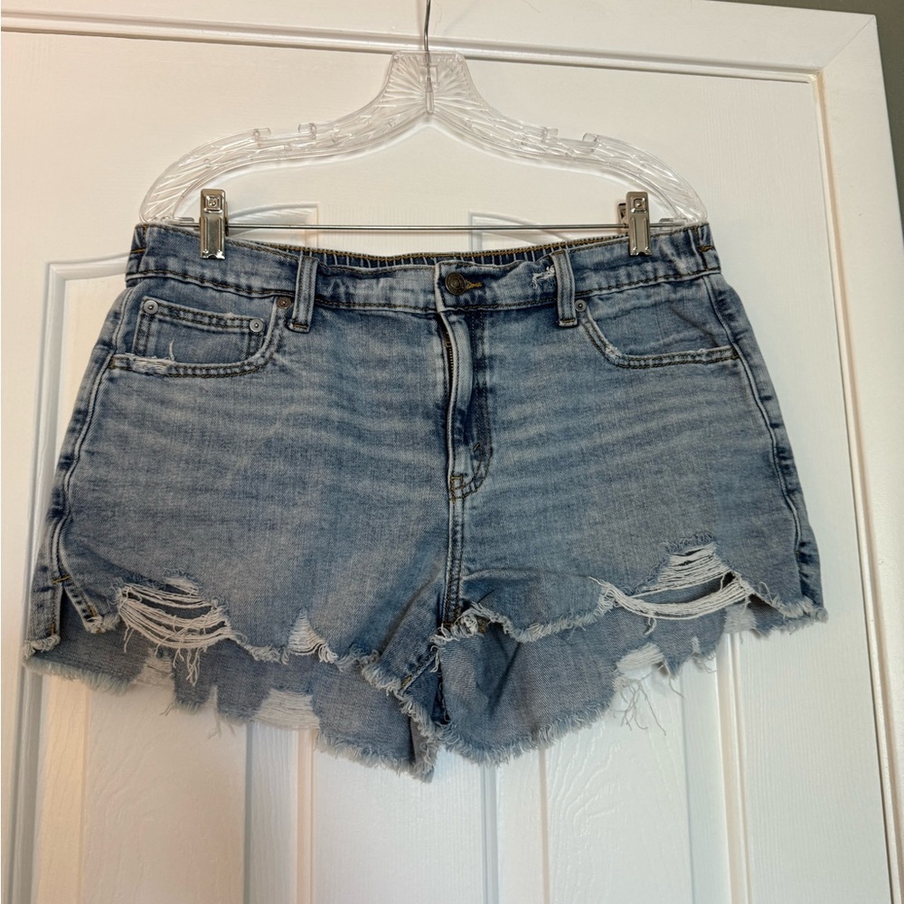 Aerie Blue Distressed Jean Shorts with Frayed Hem and Elastic Waistband on back